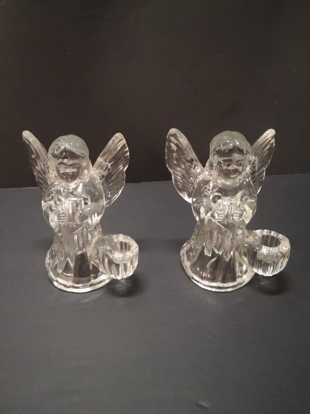 Clear Pressed Glass Set of 2 Angel Figurine w/ Insert for Taper Candle 4" Tall